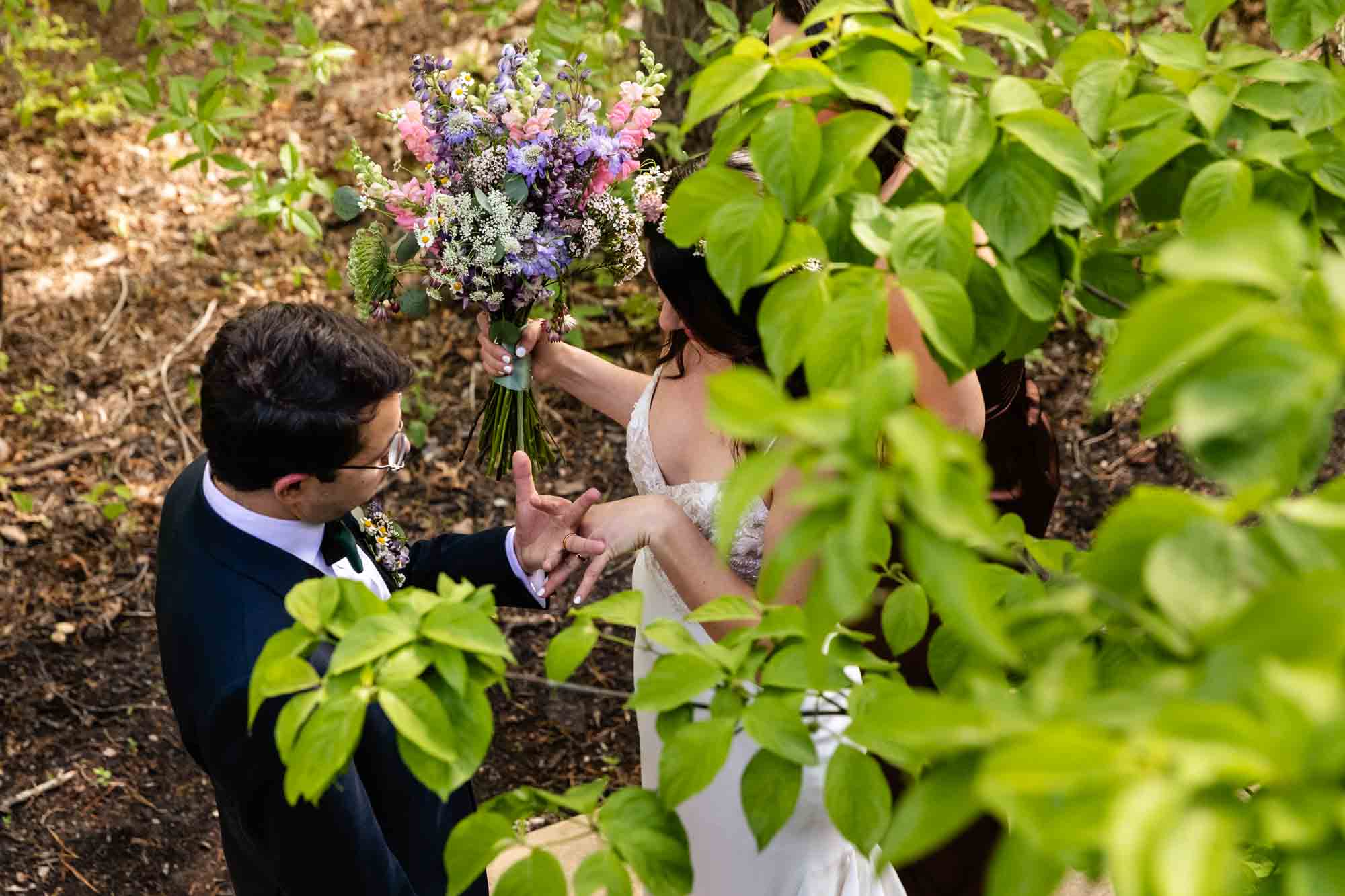 fantastic documentary wedding photo taken after the ceremony when bride and groom compare rings, surrounded by green foliage